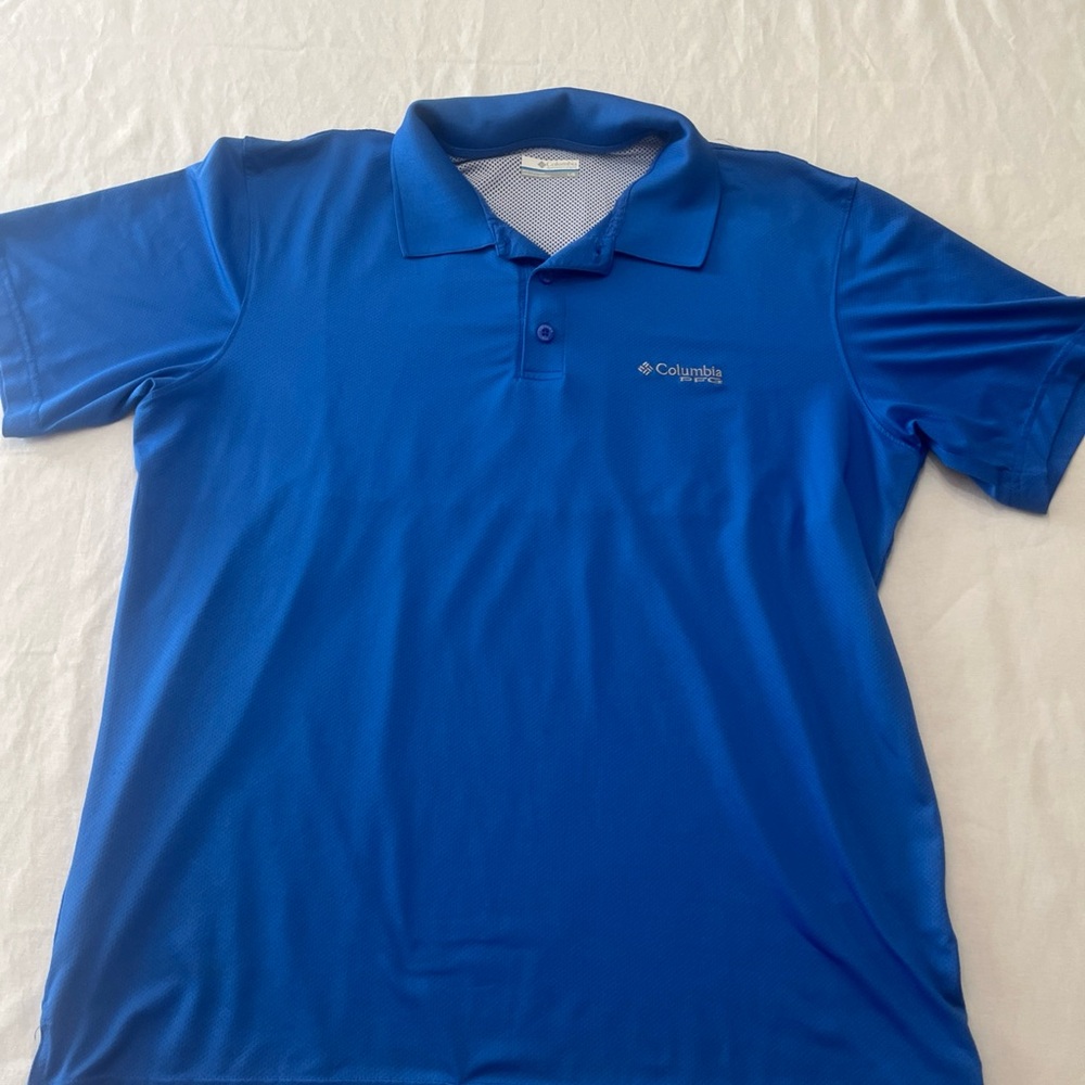 Columbia PFG Omni-Shade Polo Mens Size Large Blue Poly Blend Vented Short Sleeve